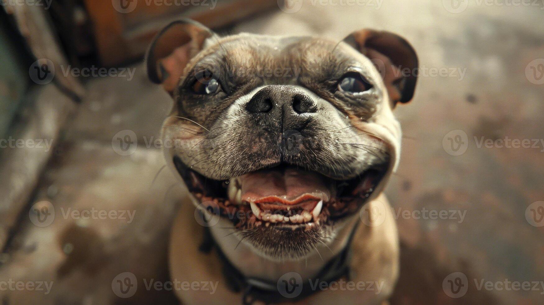 Happy smiling brown pit bull dog with open mouth and nose close-up. Concepts of joyful pet, canine happiness, outdoor adventure, friendly animal, funny puppy photo