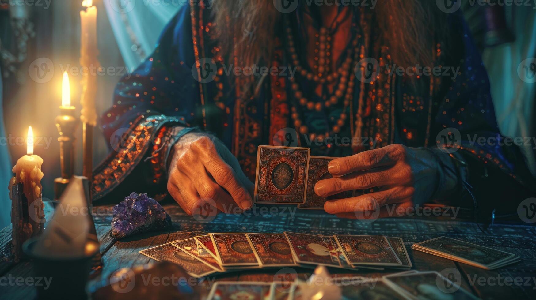 Mysterious Fortune Teller Shuffling Tarot Cards in a Candlelit Setting. Concept of Divination, Spirituality, Mysticism, Occult Practices photo