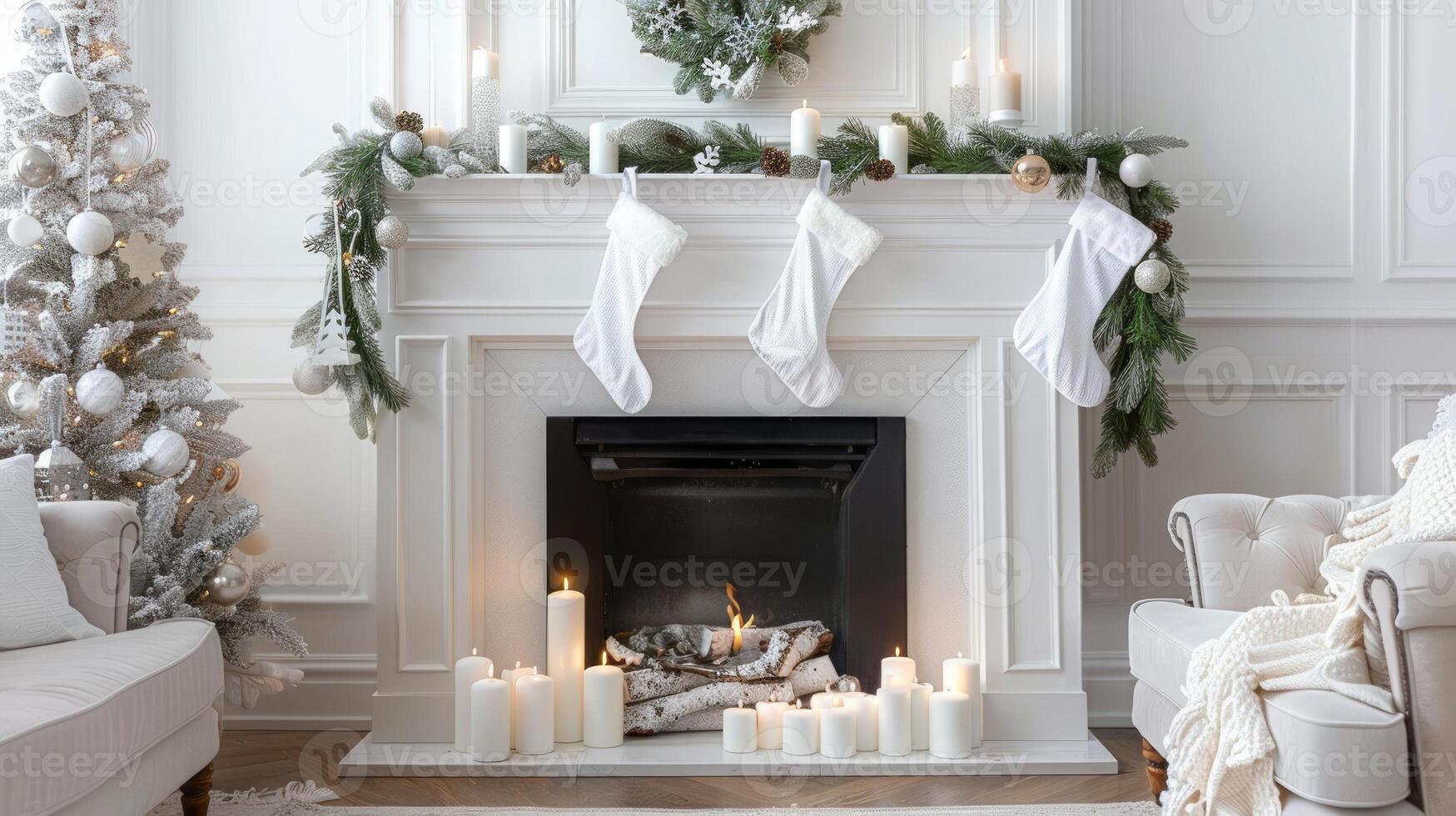 Modern living room with white fireplace adorned with white stockings and candles. Minimalist Christmas tree with white ornaments. Concept of contemporary holiday decor, minimalism, elegance photo