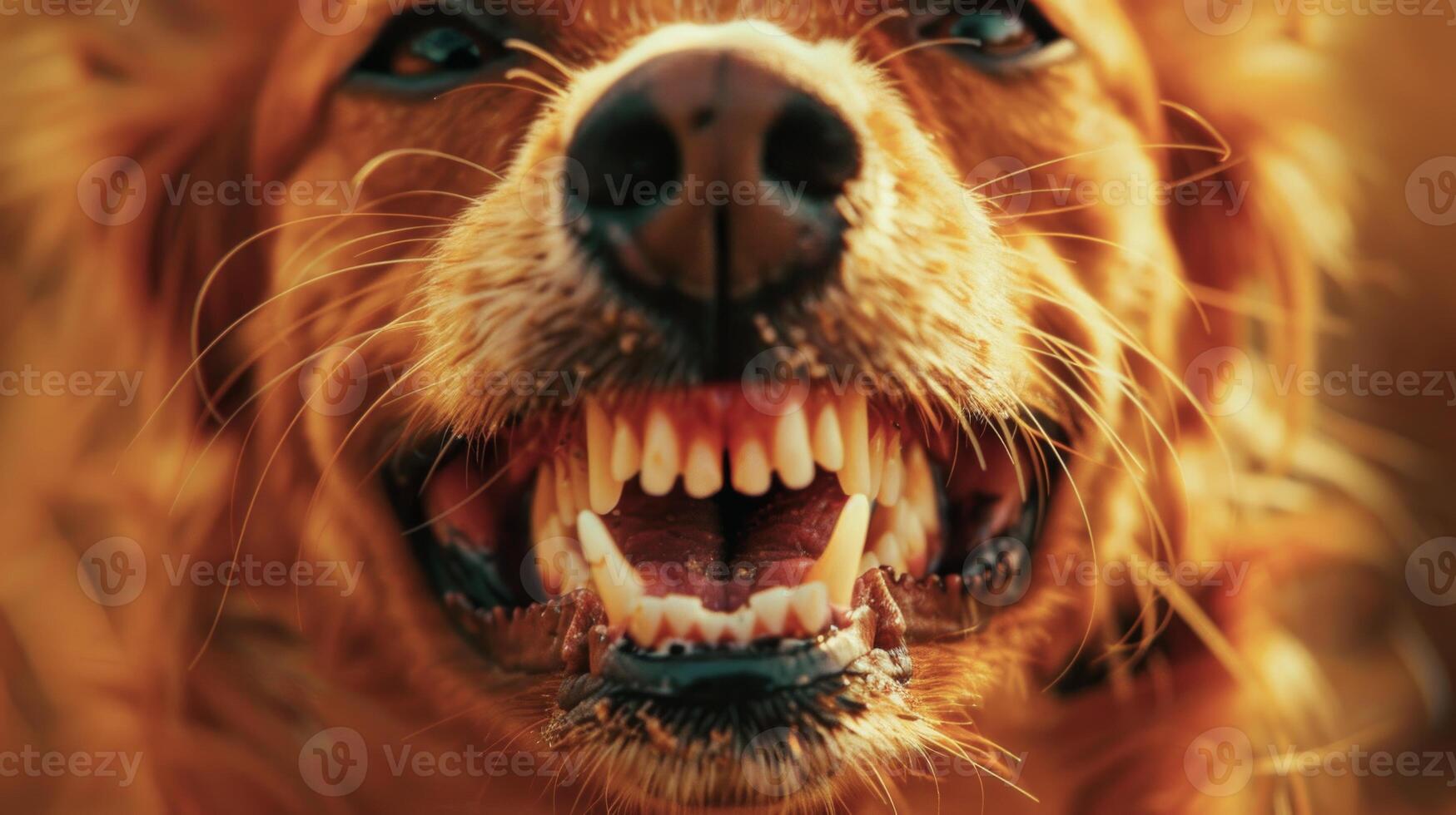 Close-Up of a Golden Retriever Showing Teeth in the Sunlight. Concept of dog behavior, canine expression, animal emotions, pet care, Funny Puppy, smiling dog photo