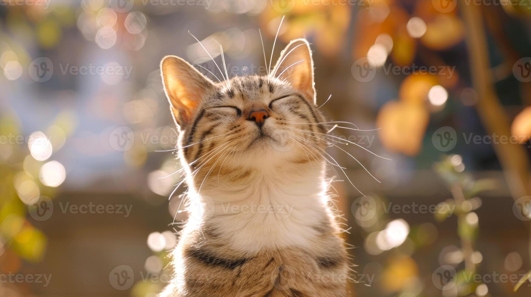 Tabby kitten enjoying sunlight with a peaceful expression in a grassy field. Concept of feline relaxation, contentment, and natural beauty. The serene moment captures the kitten's joy in nature photo