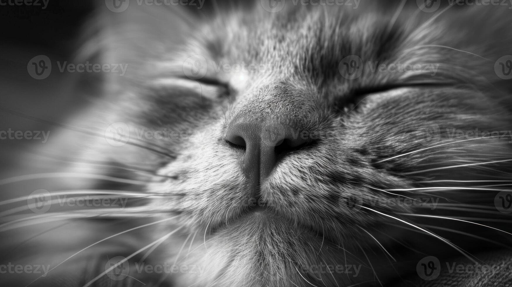 Close-up Black and White Photo of a Sleeping Cat with Whiskers. Concept of Relaxation, Pets, Feline Tranquility, Animal Companionship, funny kitten
