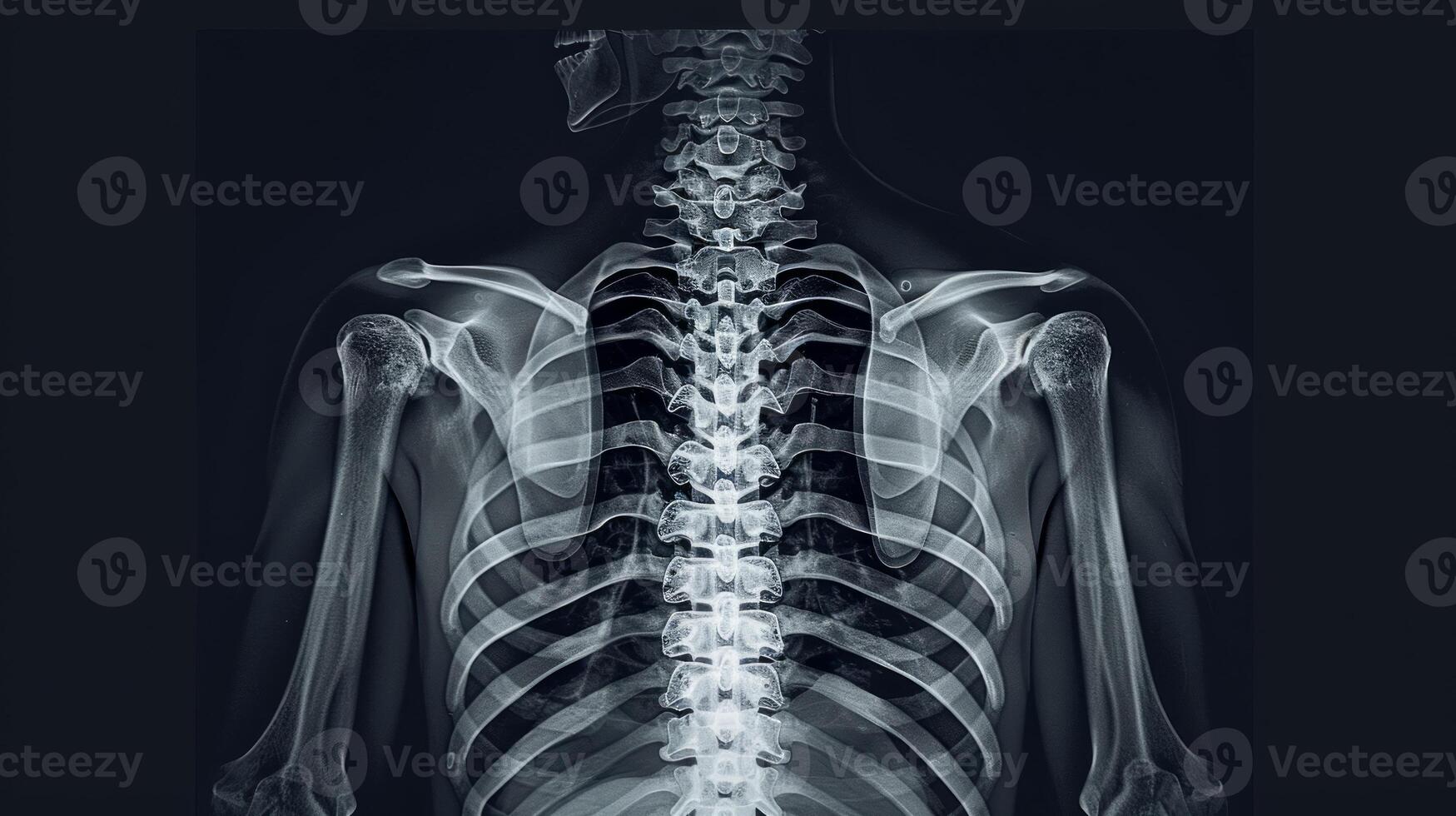 X-ray showing human thoracic skeleton and rib cage. Concept of medical imaging, bones structure, healthcare diagnostics, skeletal anatomy photo