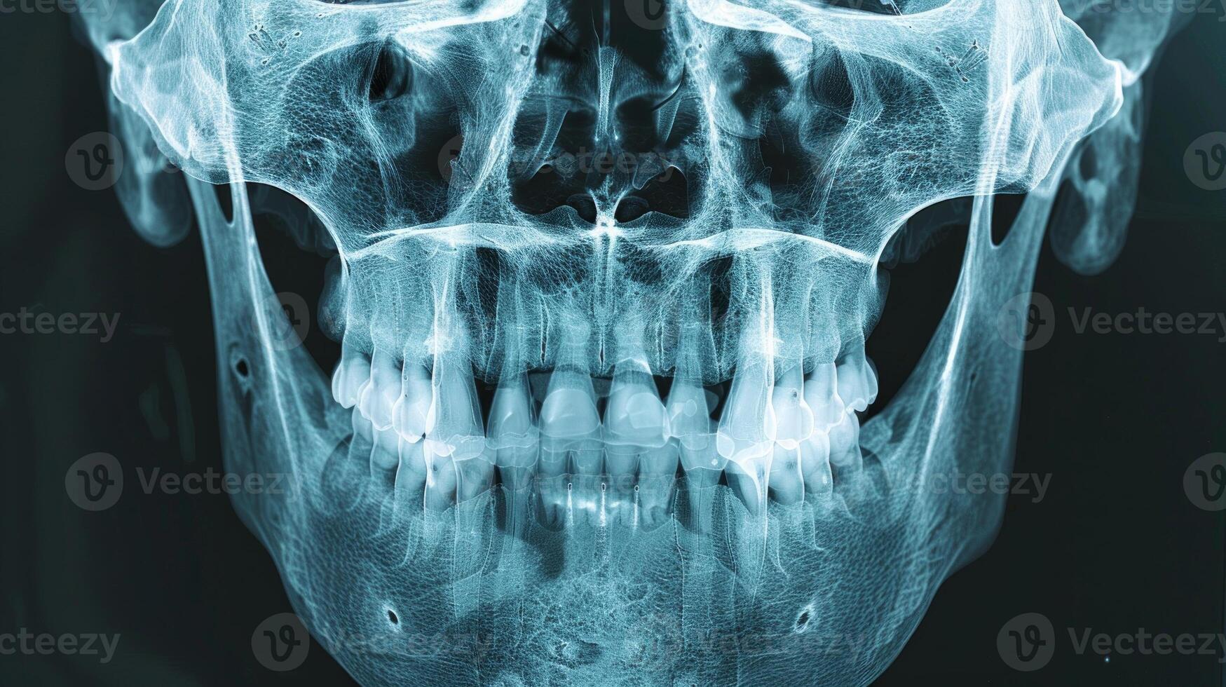 Close-up X-ray Image of a Human Skull with Teeth. Concept of medical imagery, anatomy, head examination, healthcare diagnostics photo