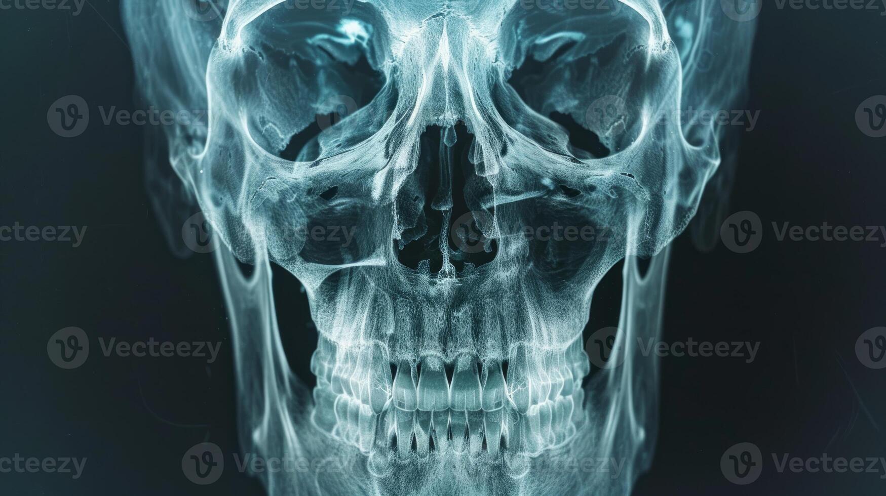Close-up X-ray Image of a Human Skull with Teeth. Concept of medical imagery, anatomy, head examination, healthcare diagnostics photo