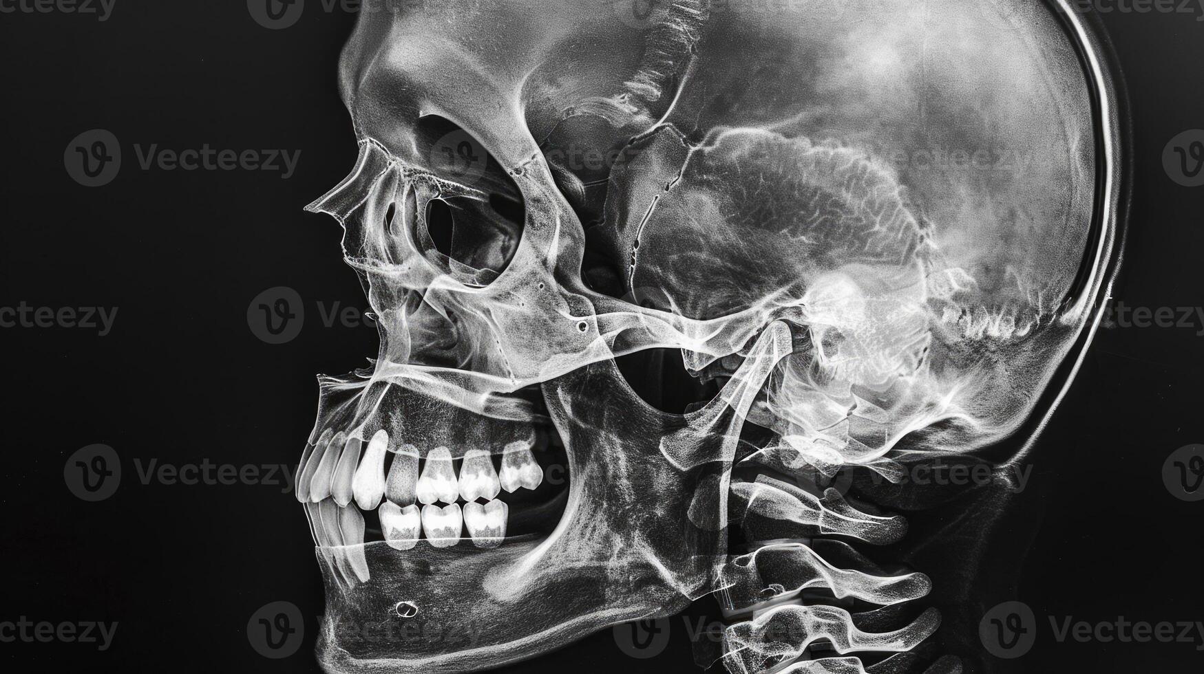 Detailed X-Ray Image of a Human Skull Showing Bones and Teeth on a Dark Background. Concept of Medical Imaging, Anatomy, Skeletal Structure photo