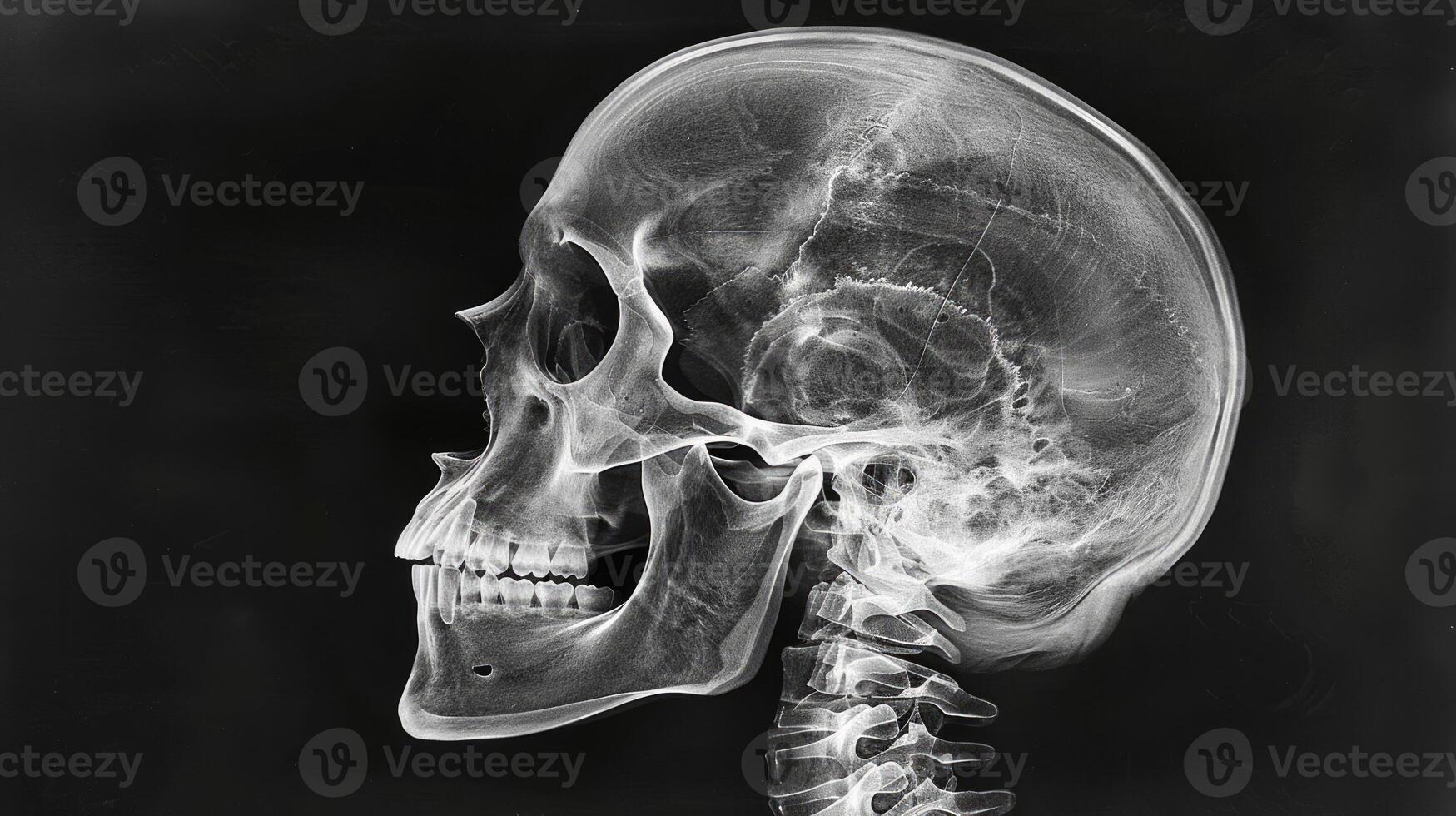 Detailed X-Ray Image of a Human Skull Showing Bones and Teeth on a Dark Background. Concept of Medical Imaging, Anatomy, Skeletal Structure photo