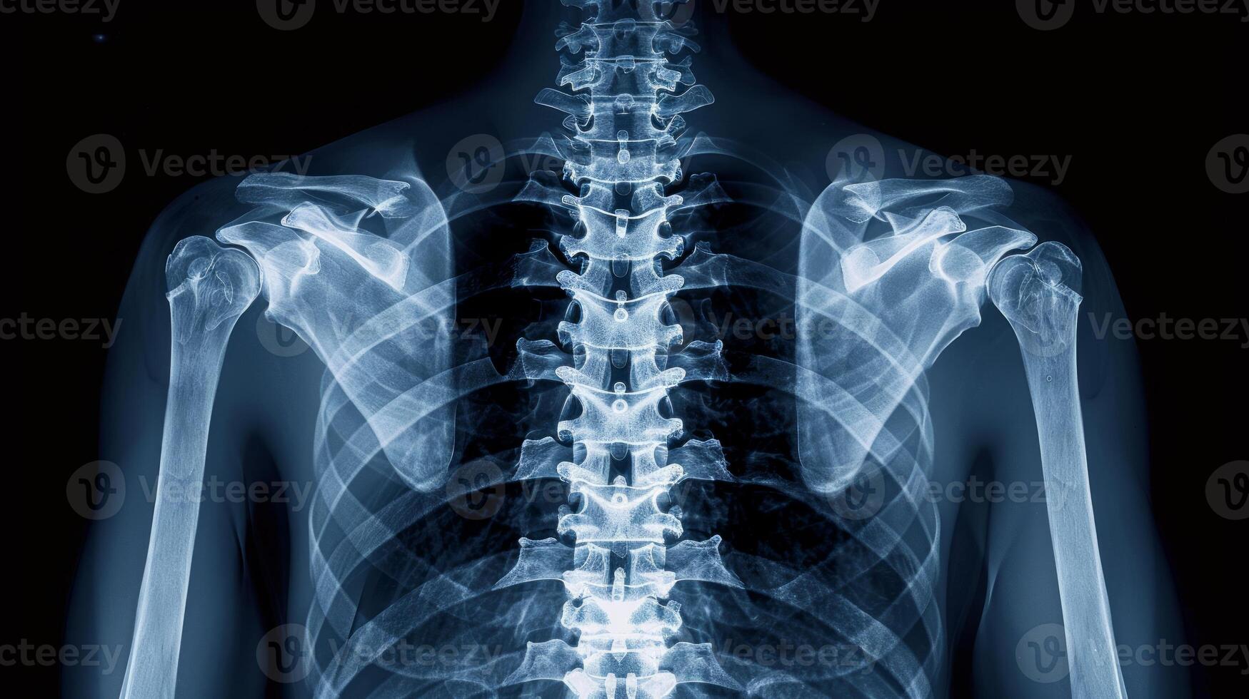 X-Ray Image of Human Thoracic Skeleton Featuring Spine and Shoulder Bones. Concept of Medical Imaging, Anatomy Study, Health Diagnostics photo