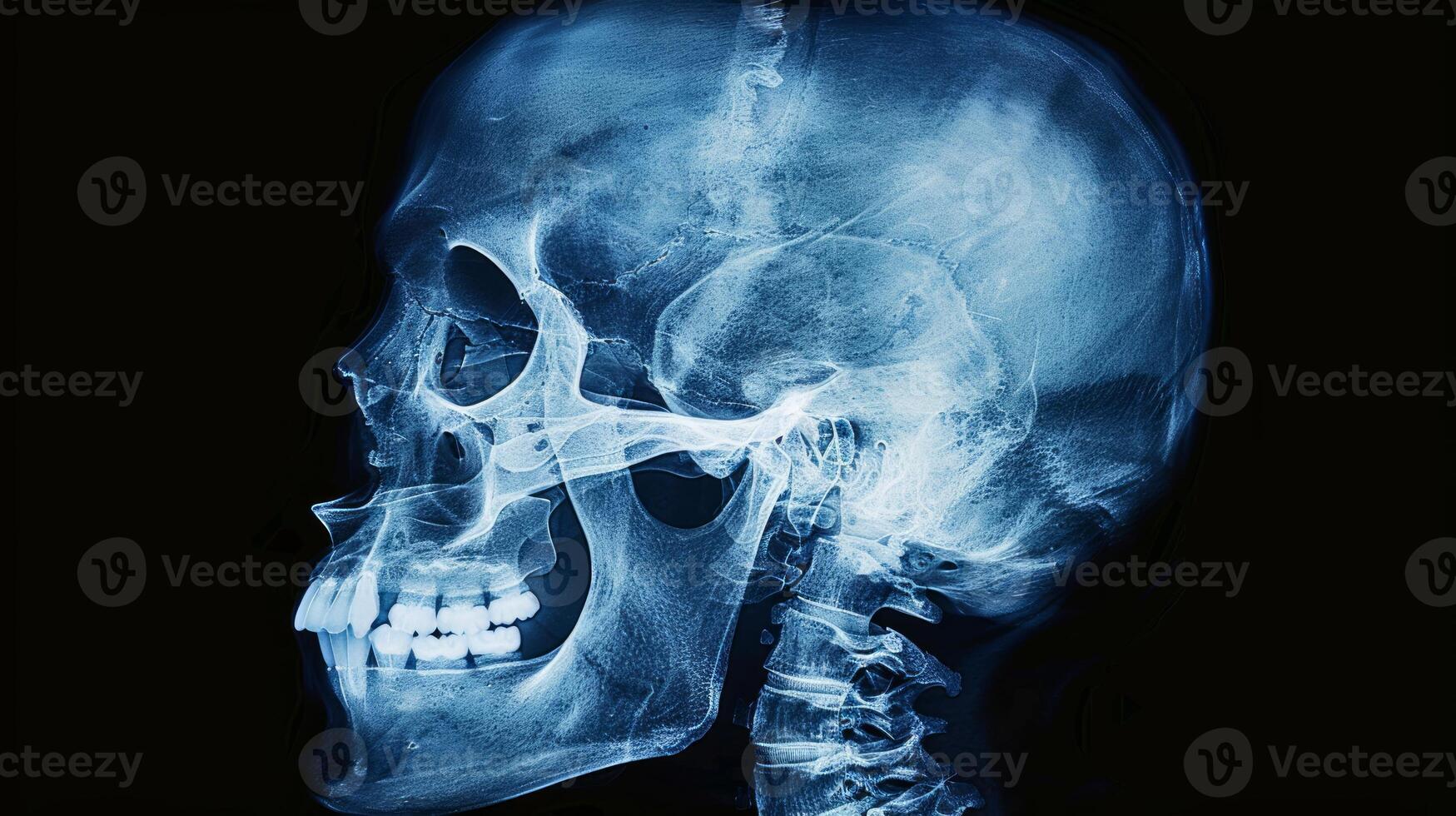 Detailed X-Ray Image of a Human Skull Showing Bones and Teeth on a Dark Background. Concept of Medical Imaging, Anatomy, Skeletal Structure photo