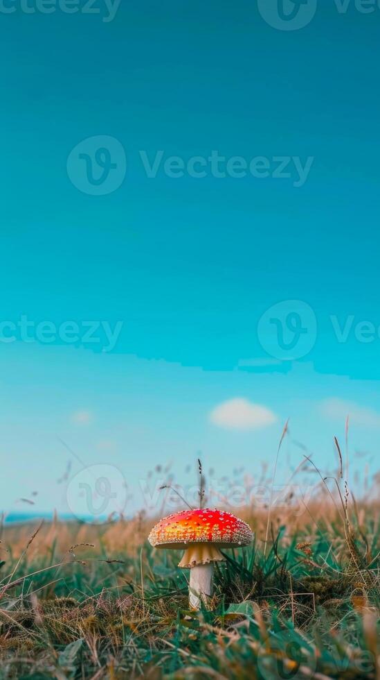 Red Mushroom fly agaric with White Spots in a Field against Clear Blue Sky. Concept of nature, fungi, tranquil outdoor scene. Vertical photo