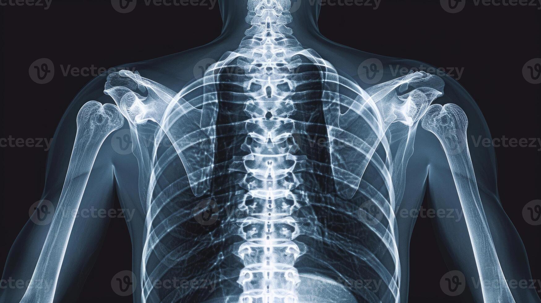 X-ray image of a human torso showing the skeletal structure of the ribcage and spine. Concept of medical examination, human anatomy, radiography, health care photo