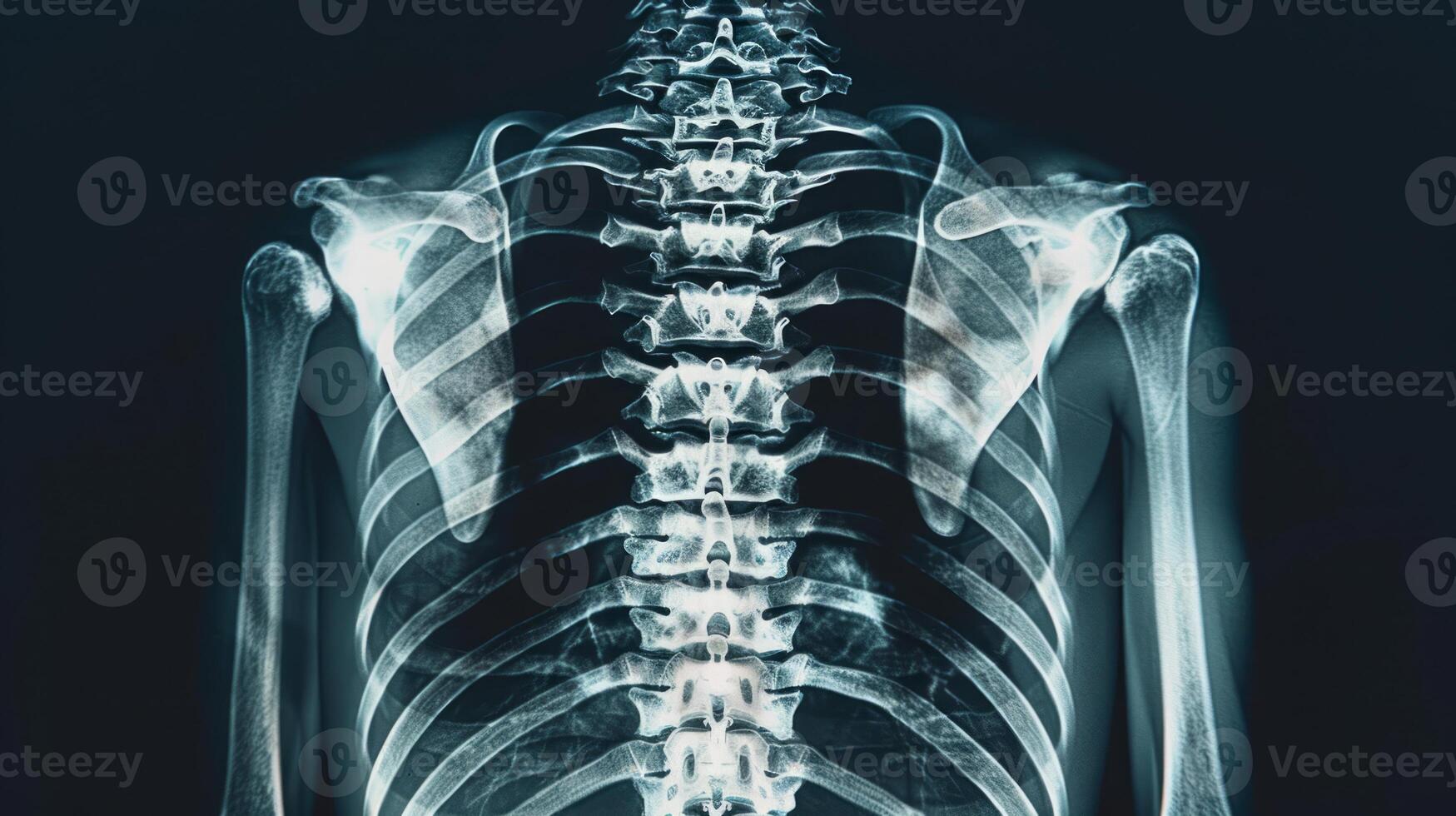 X-Ray Image of Human Thoracic Skeleton Featuring Spine and Shoulder Bones. Concept of Medical Imaging, Anatomy Study, Health Diagnostics photo