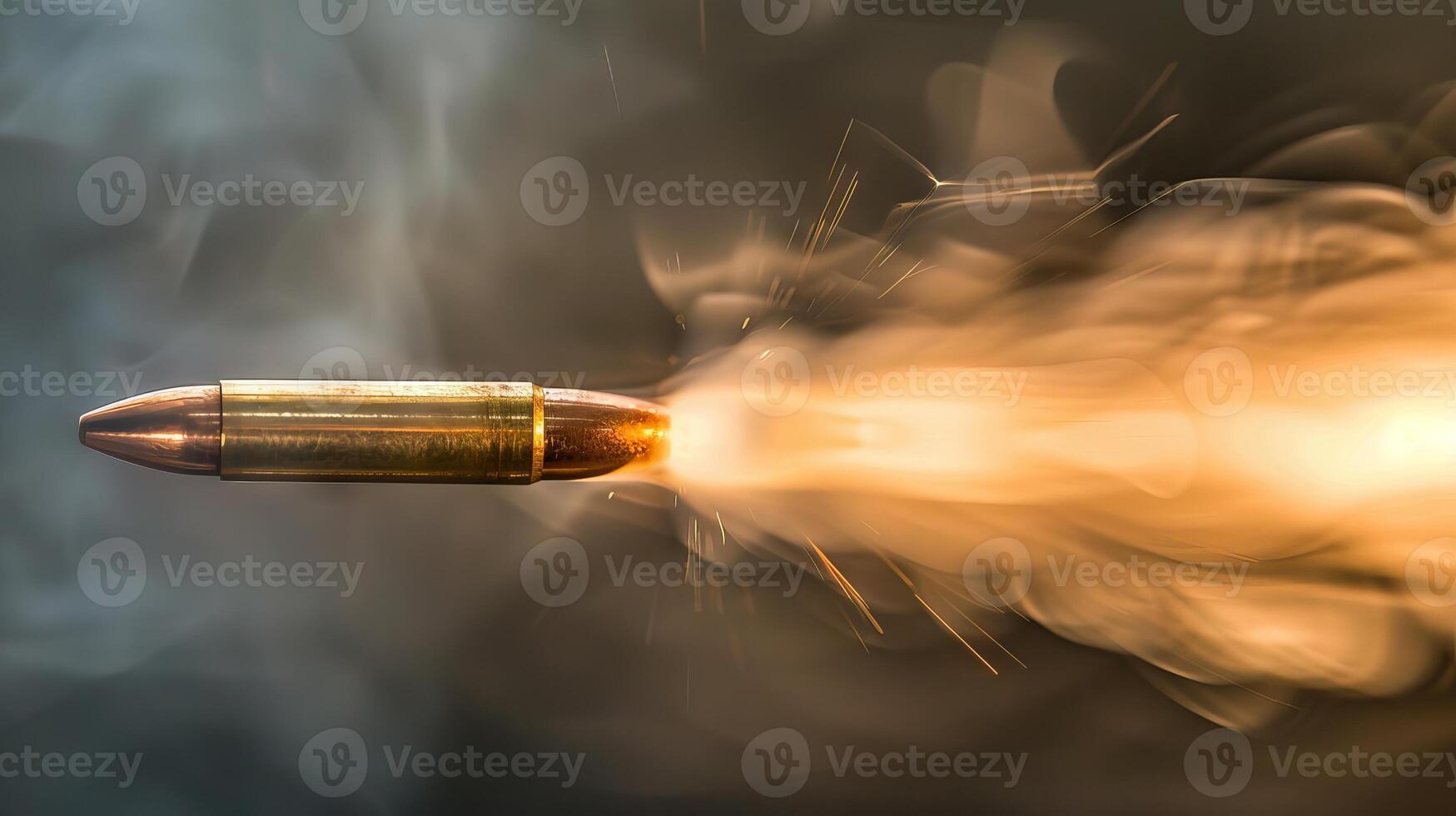 Close-Up of a Flying Bullet with Sparks and Smoke Trail. Concept of Ammunition, Firearms, Ballistics, Shooting Accuracy photo