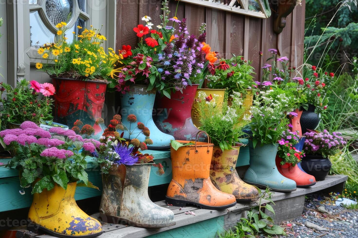 A colorful display of flowers and herbs planted in upcycled containers like old boots and teapots. AI generate photo