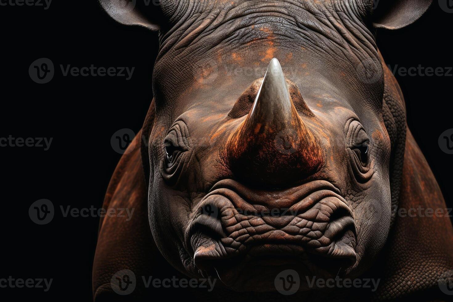 Mesmerizing rhino frontal on a dark brackground. AI generate photo