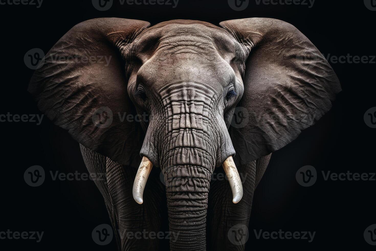 Mesmerizing elephant frontal on a dark background. AI generate photo