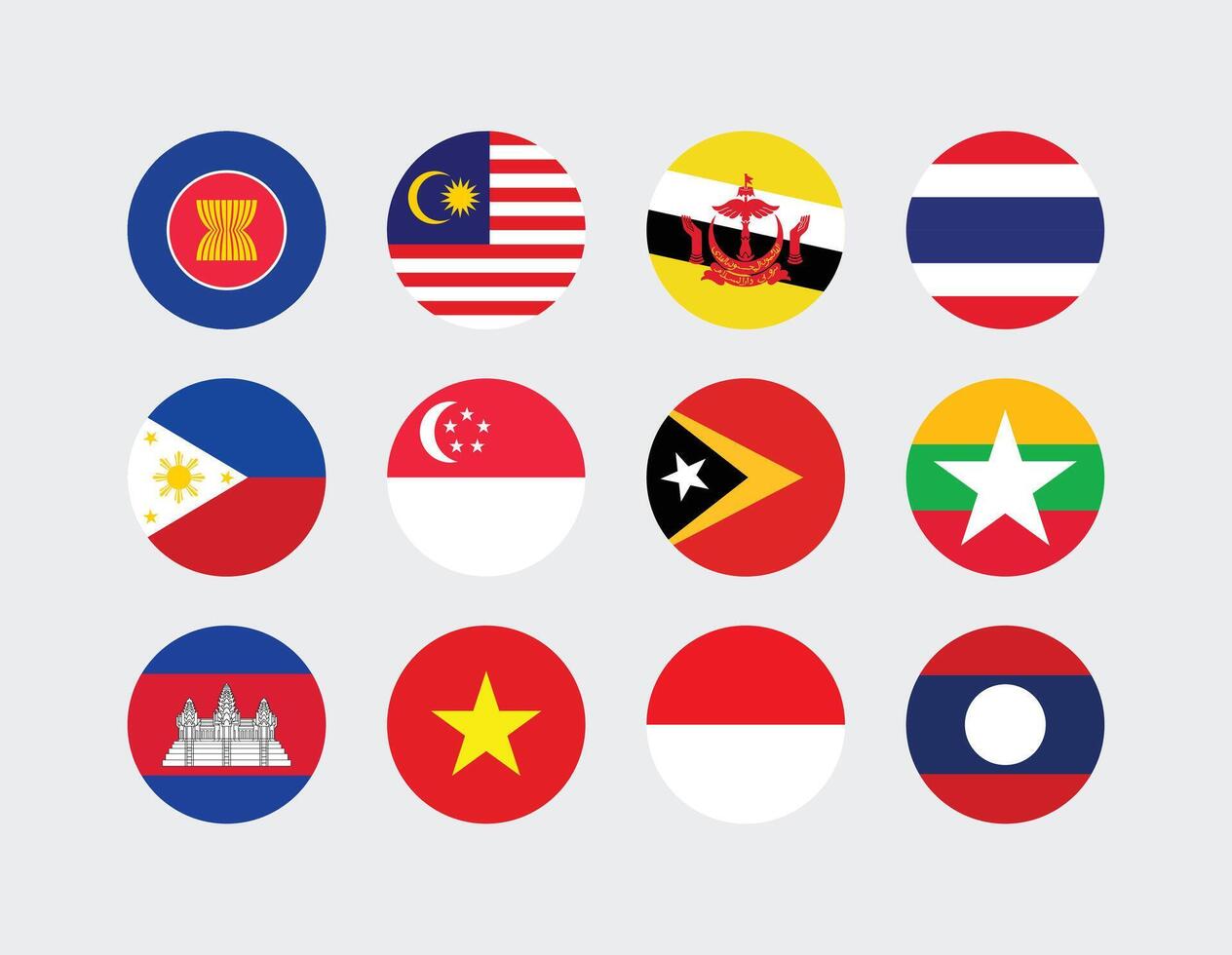 National Flag of All ASEAN Countries. Set of ASEAN Country Round Flag. vector