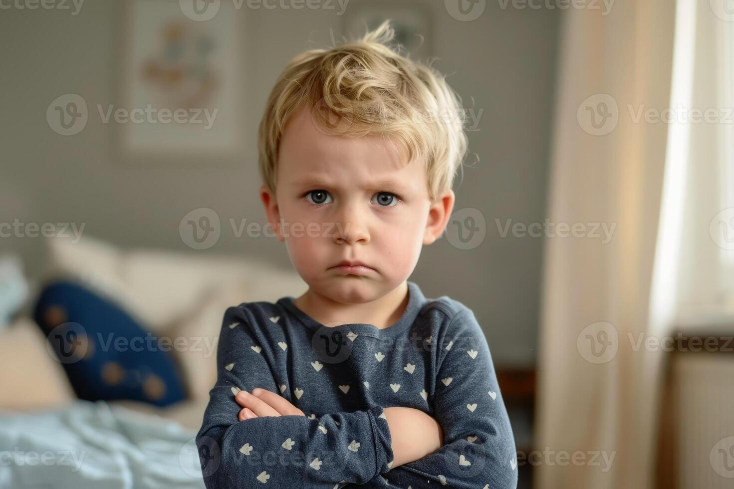 An offended little boy with his arms crossed. AI generate photo
