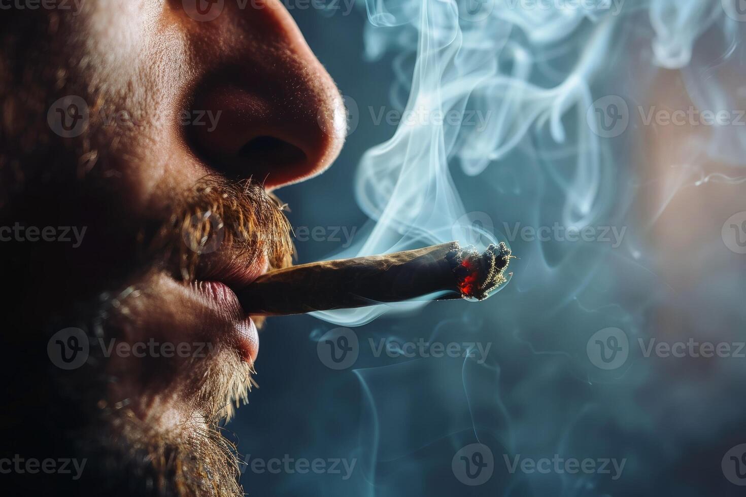 Close up of a man smoking a big weed joint with some cannabis smoke. AI generate photo