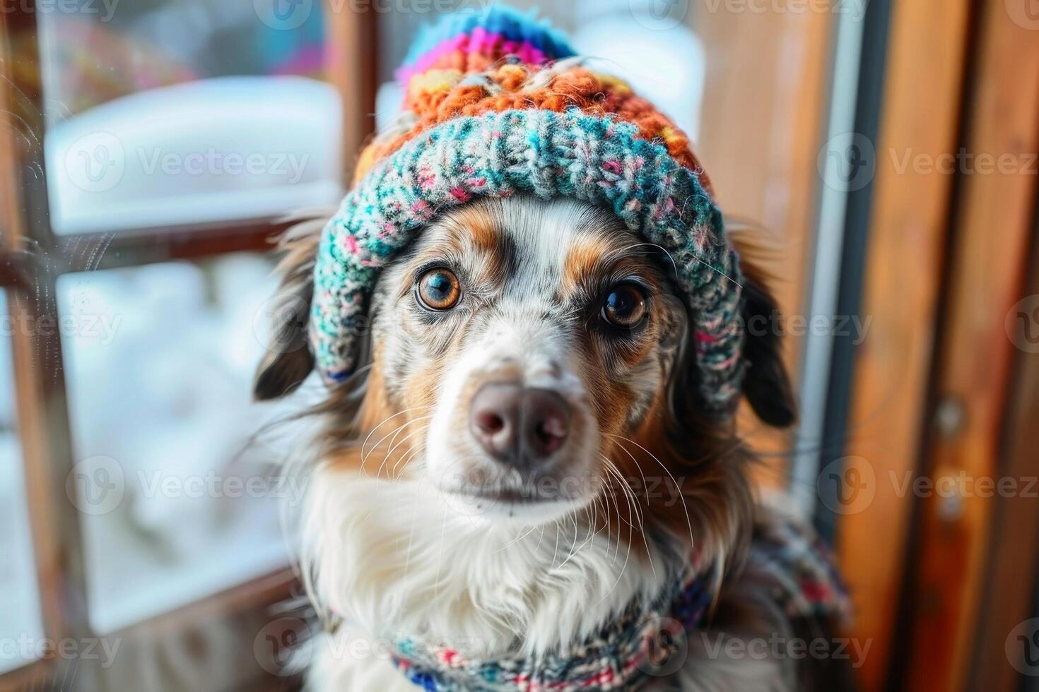 A dog wearing a funny hat. AI generate photo