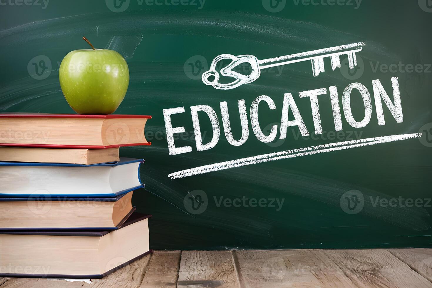 Books with a green apple against a chalkboard with education sketch photo