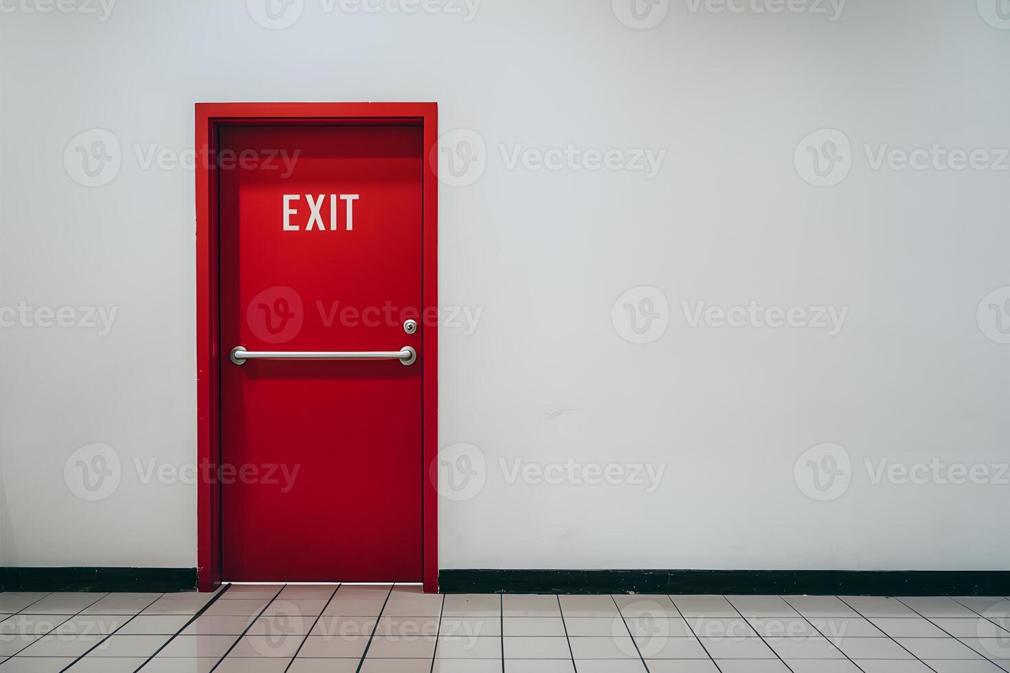 Minimalist image of red door labeled EXIT, white wall, tiled floor photo