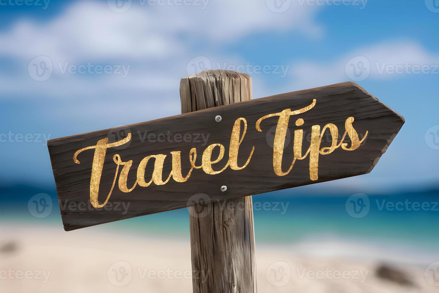 Wooden signpost with Travel tips in golden cursive, blurred beach, blue sky photo