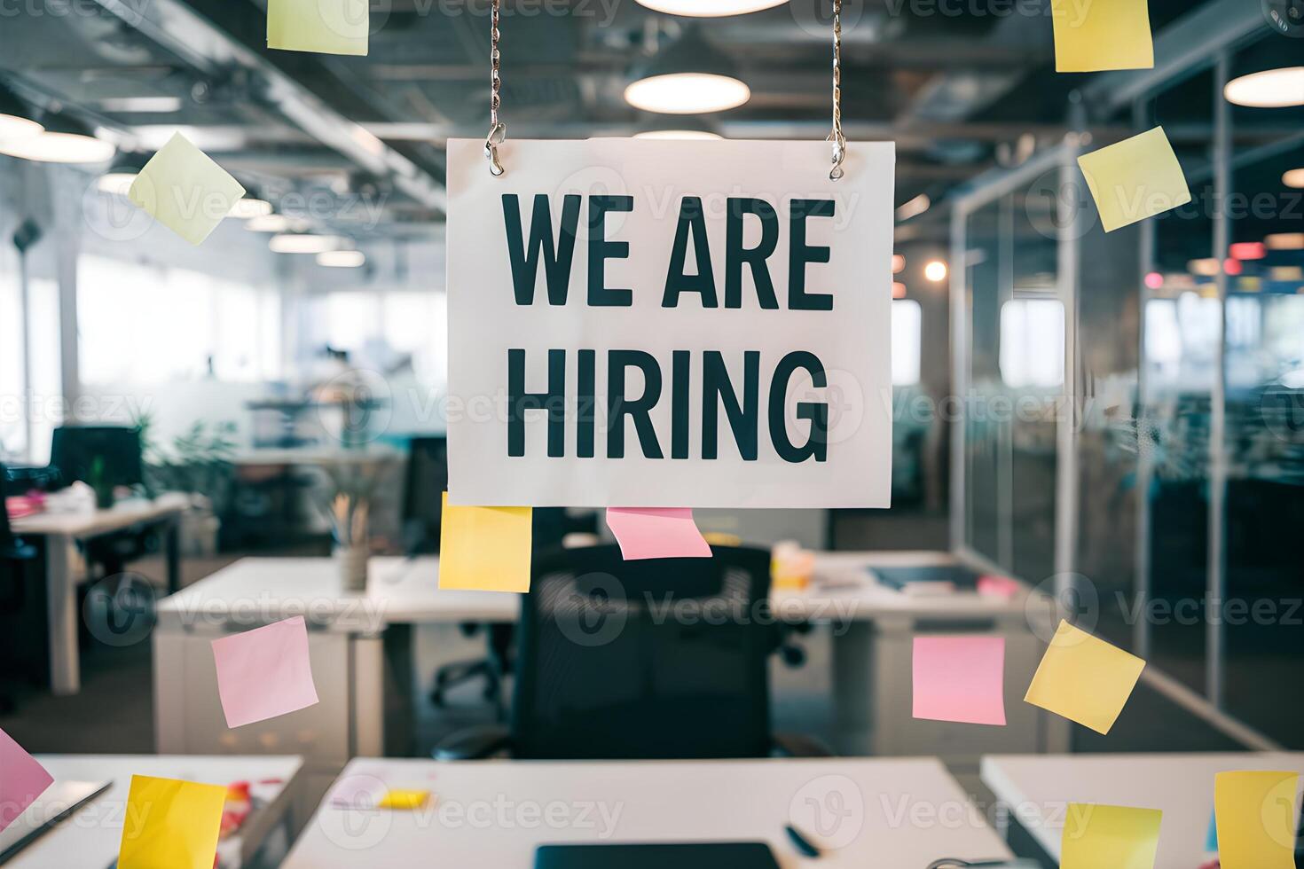 Office setting with We are hiring sign above a desk, open workspace photo
