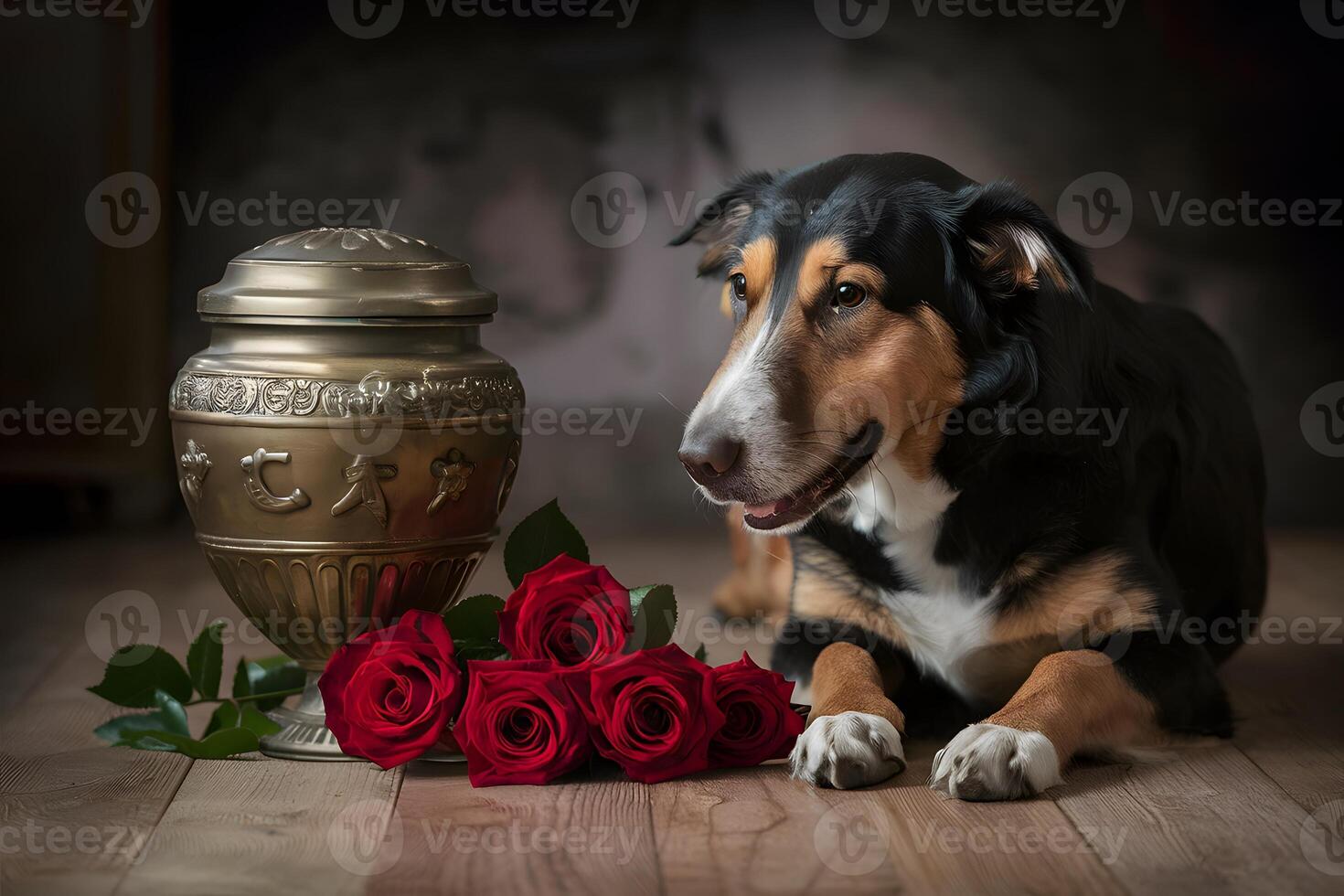 Dog, red roses, decorative urn, dark background, remembrance and reverence photo