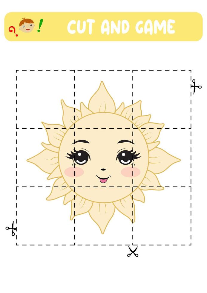 Cut and game game with sun. Educational children's game, printable worksheet with puzzles featuring the sun. vector