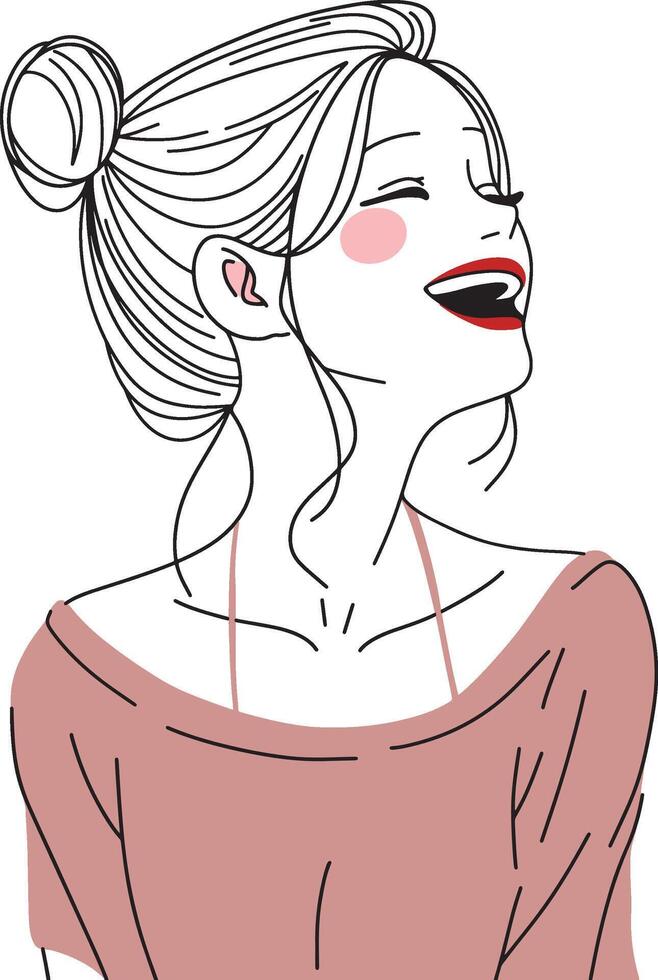 a laughing girl with a bun hairstyle in a loose top, minimal and modern design vector