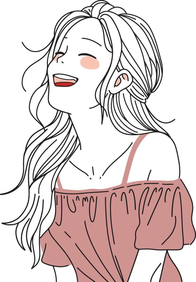 a smiling girl with long flowing hair in an off-shoulder top, minimal line art design vector