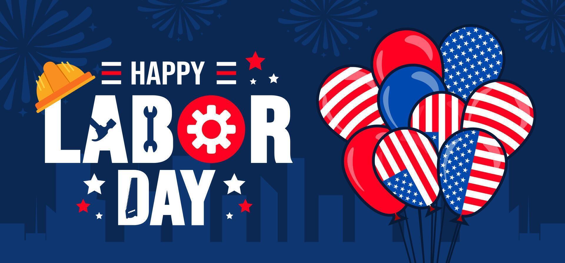 USA Happy Labor Day celebration background or banner design template with American flag balloon. Labour day Safety hard hat and Construction tools background. use to card, poster, placard, template. vector