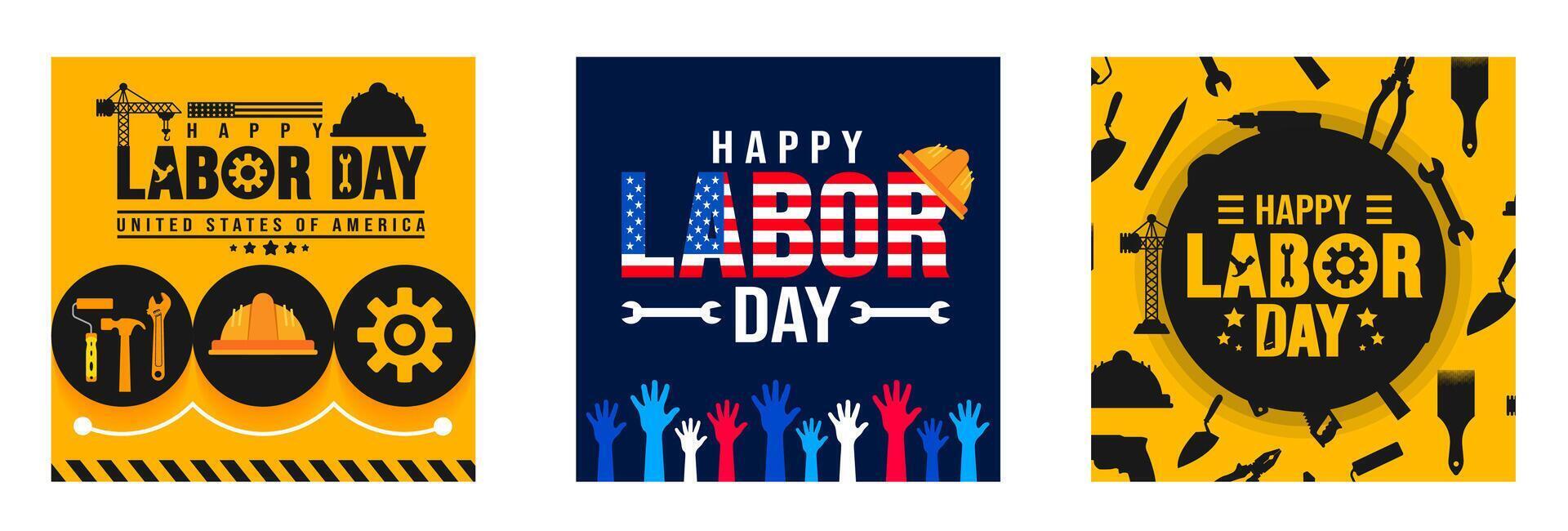USA Happy Labor Day celebration construction tools social media post banner design template set. Labour day Safety hard hat and Construction tools and crane background or banner design. vector