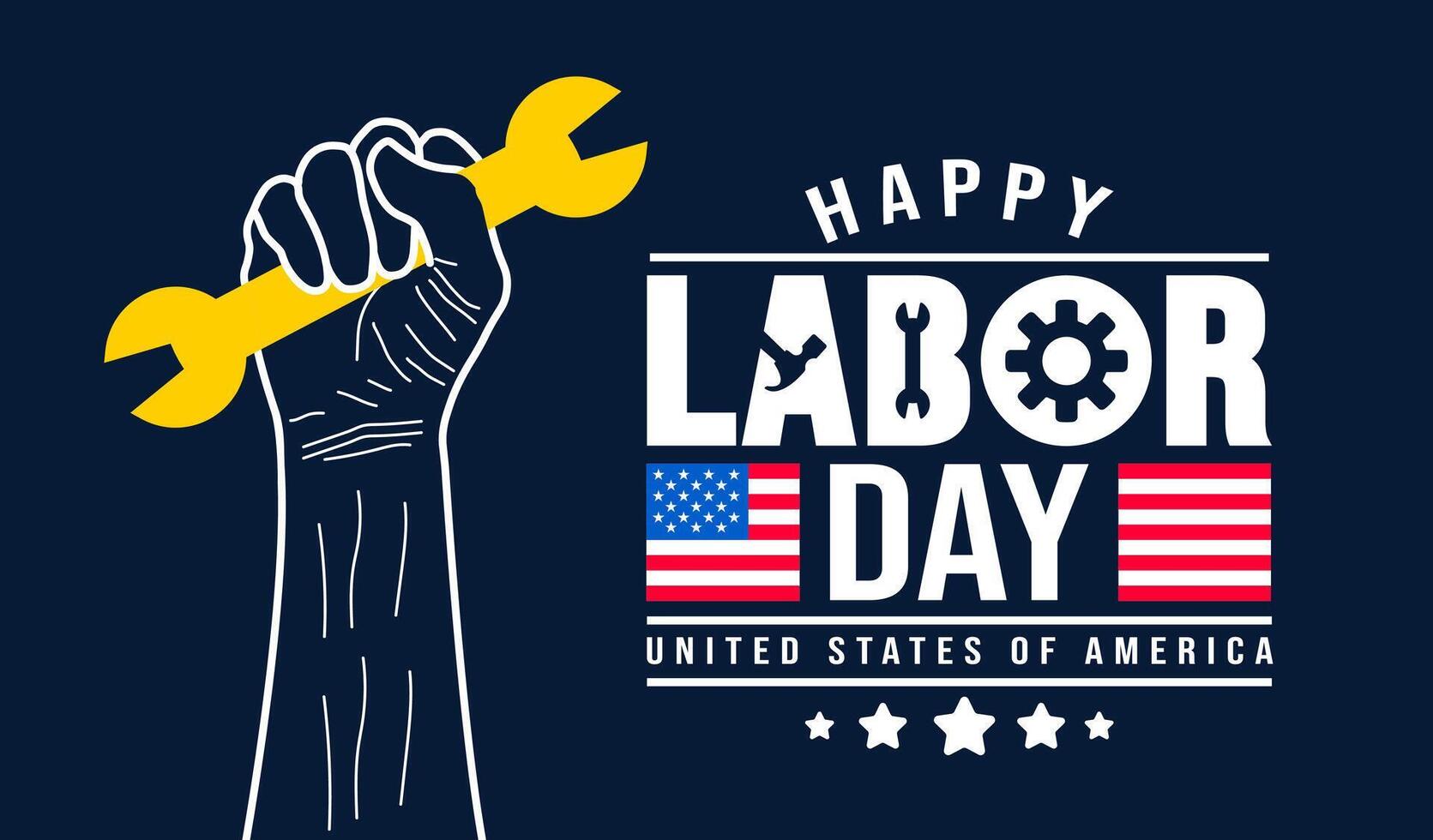 USA Happy Labor Day celebration strong hand holding construction tools background or banner design template with American flag. Labour day Safety hard hat and Construction tools background. vector