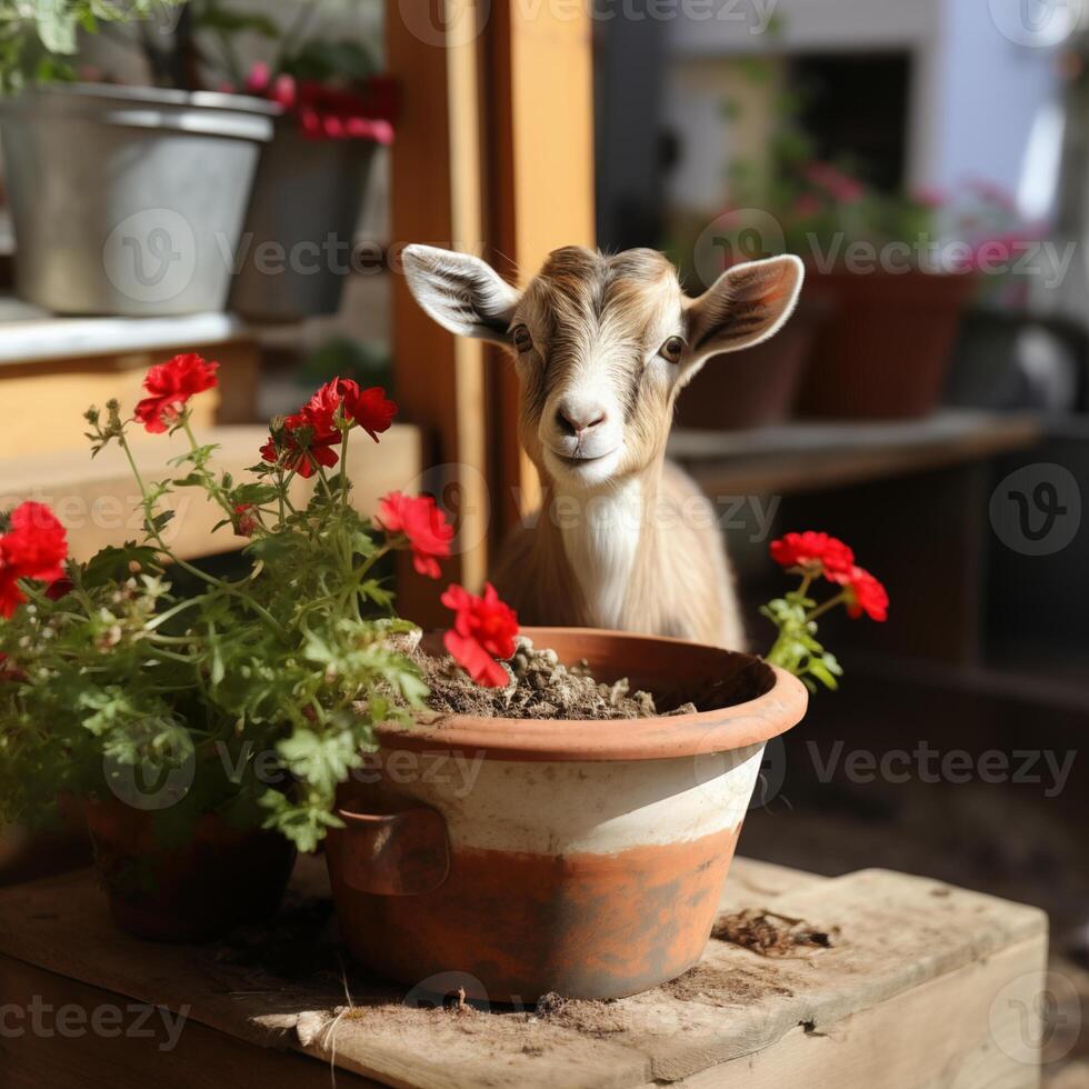 a goat standing in a flower pot with red flowers photo