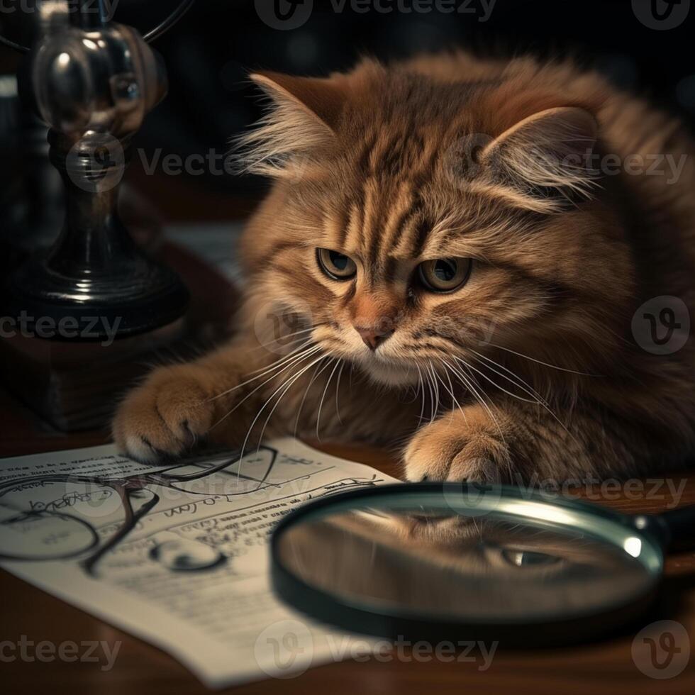 a cat looking at a magnifying glass and a paper photo