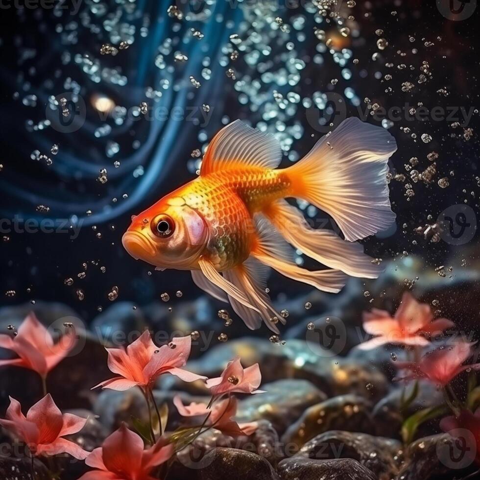 goldfish in aquarium with water bubbles and flowers photo