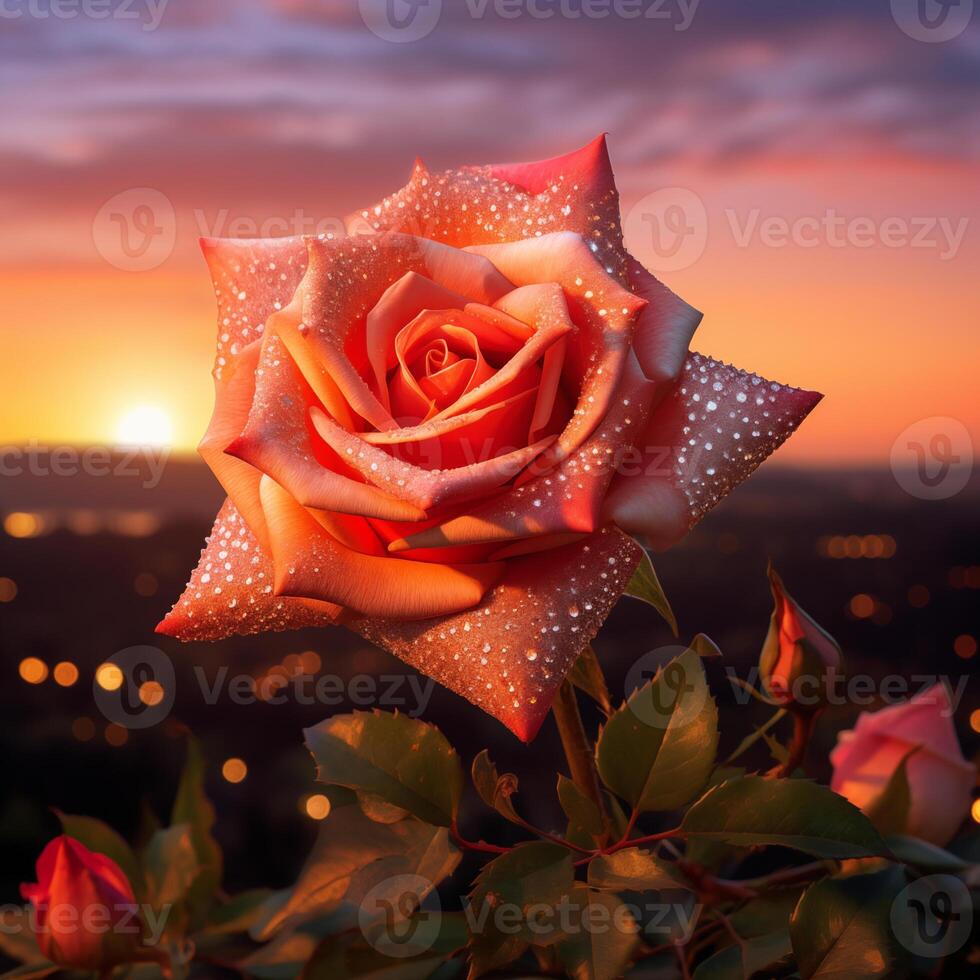a rose with diamonds on it at sunset photo