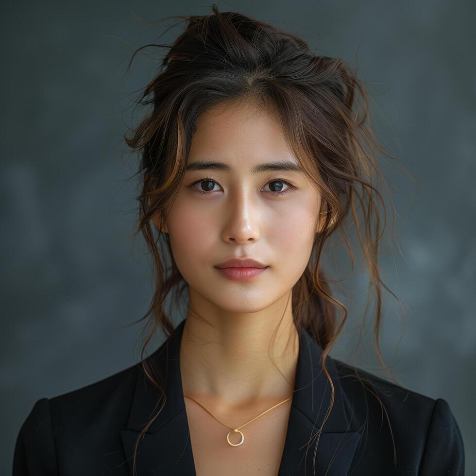 Portrait of an Asian woman with loose hair in a formal blazer photo