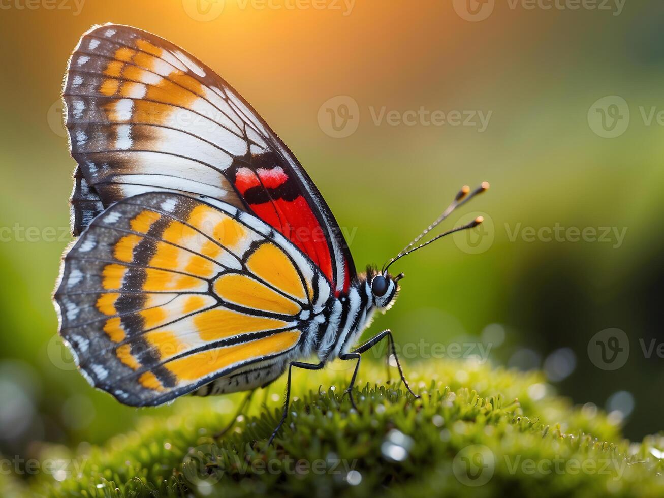 A vibrant butterfly perched on lush green moss, bathed in soft sunlight photo