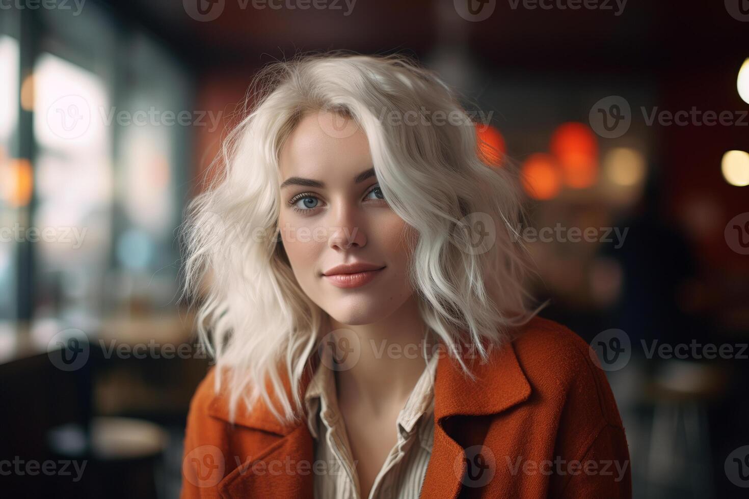 Portrait of a beautiful young woman with wavy white hair and a warm smile, set against a softly lit background photo