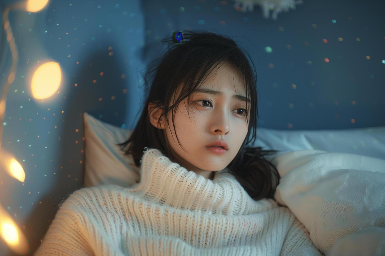 Thoughtful Young Woman in a Cozy White Sweater with Soft Lighting photo