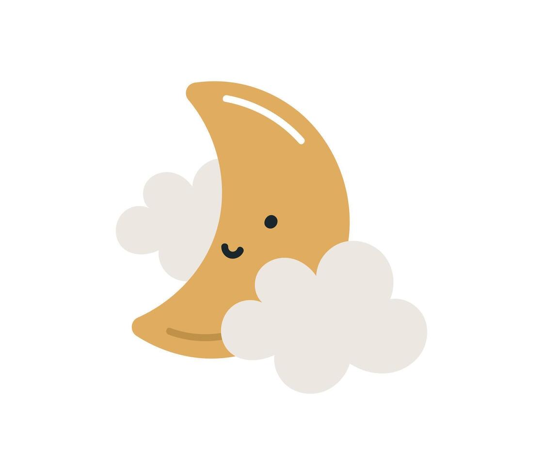Cute moon with clouds. Flat cartoon illustration isolated on white background. For card, posters, stickers, banners, printing on the pack, printing on clothes, fabric, wallpaper. vector
