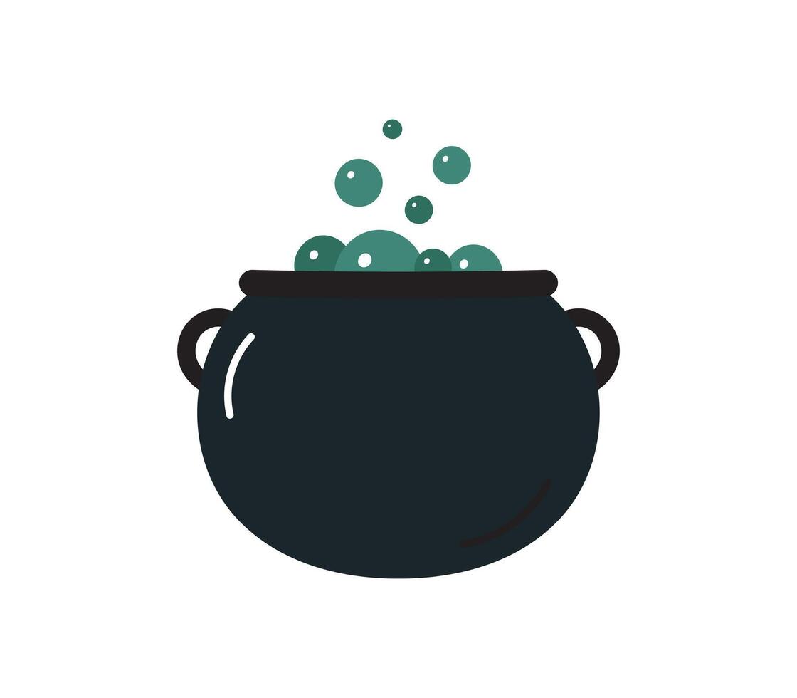 Pot with green potion. Isolated on white background. Halloween design. Childish Halloween print. vector