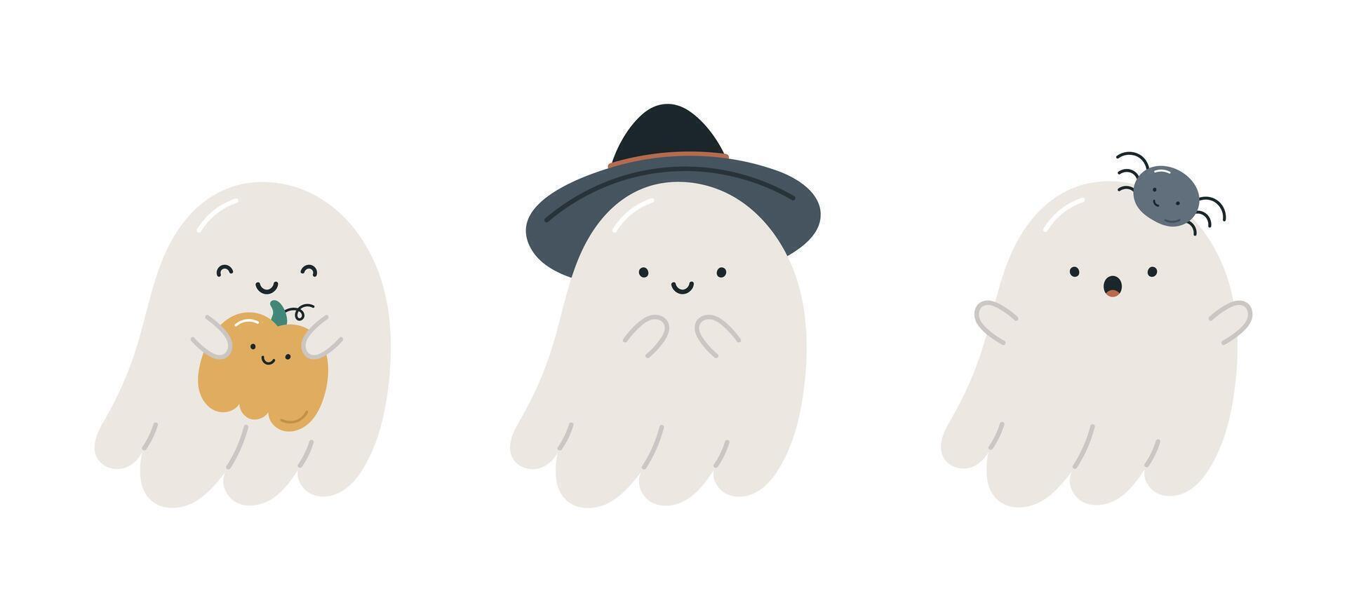 Cute Halloween ghosts. Isolated on white background. Halloween design. Childish Halloween print. vector