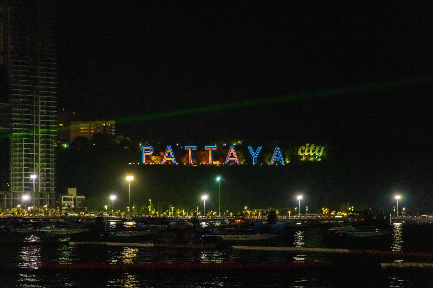 Pattaya Chon Buri Thailand 2018 Colorful city Pattaya sign name lettering lights at night Thailand. photo