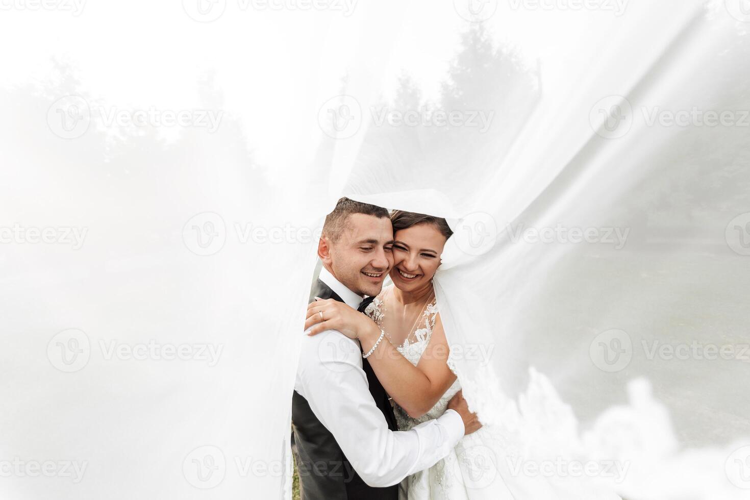 A bride and groom are hugging each other under a white veil. The bride is wearing a white dress and the groom is wearing a black vest. Scene is happy and romantic photo