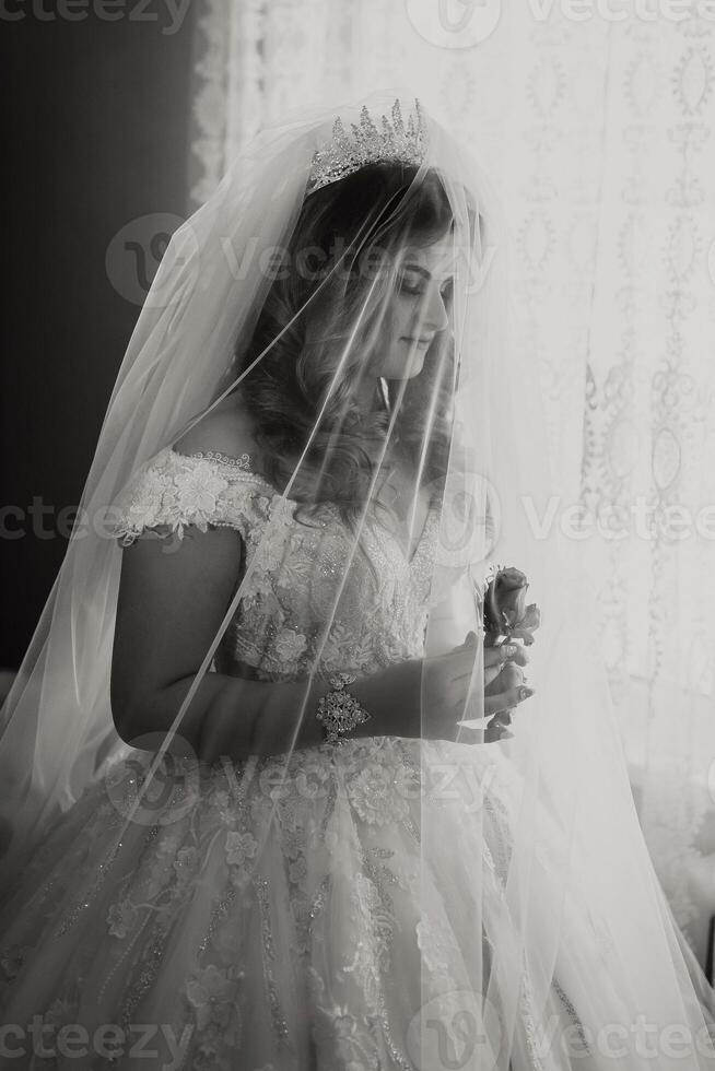 A woman in a wedding dress is standing in front of a window, holding a microphone. She is wearing a tiara and veil, and the dress is white. Concept of elegance and celebration photo