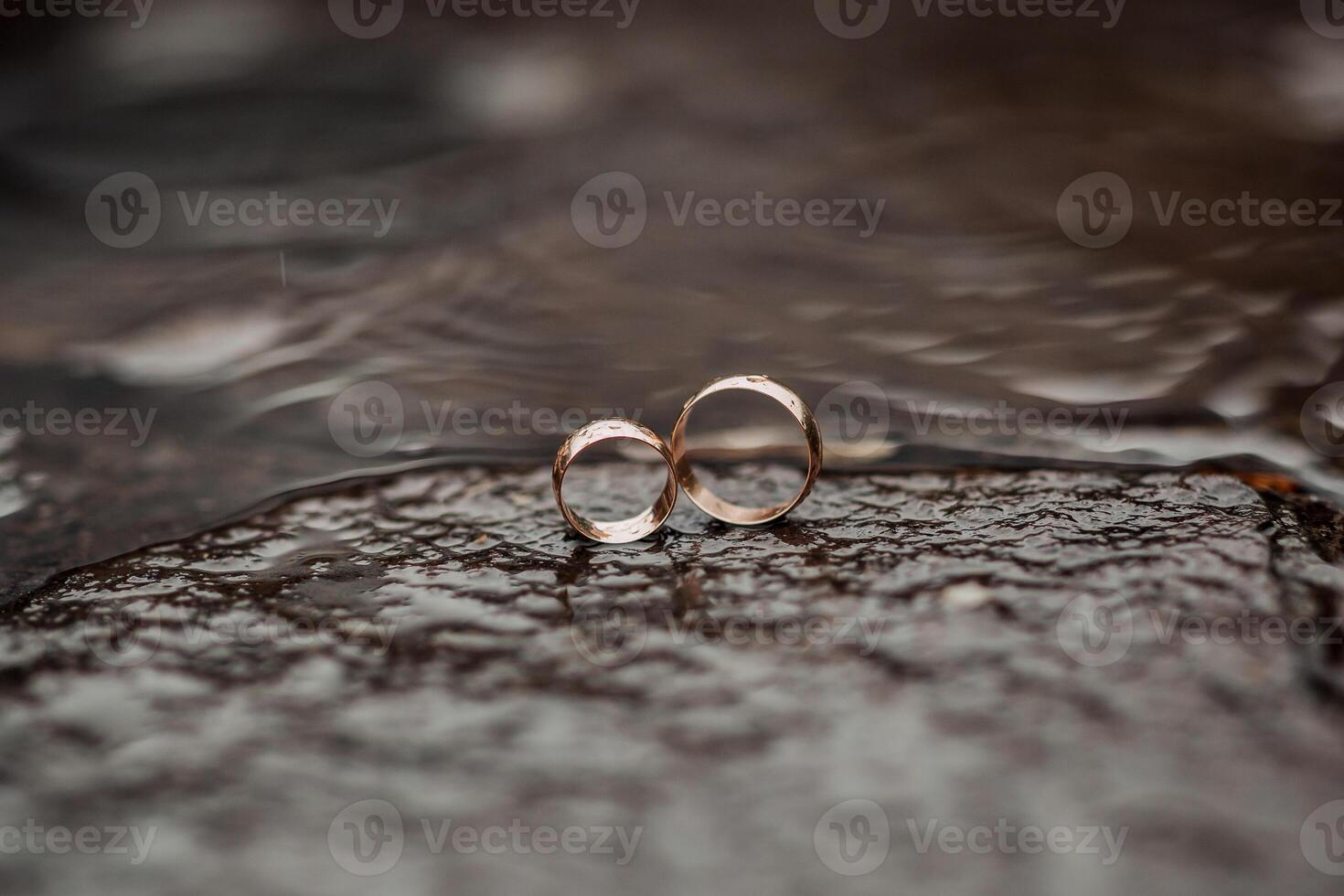 Two wedding rings are sitting on a rock in the water. The rings are gold and have a shiny, polished appearance. Concept of love and commitment photo